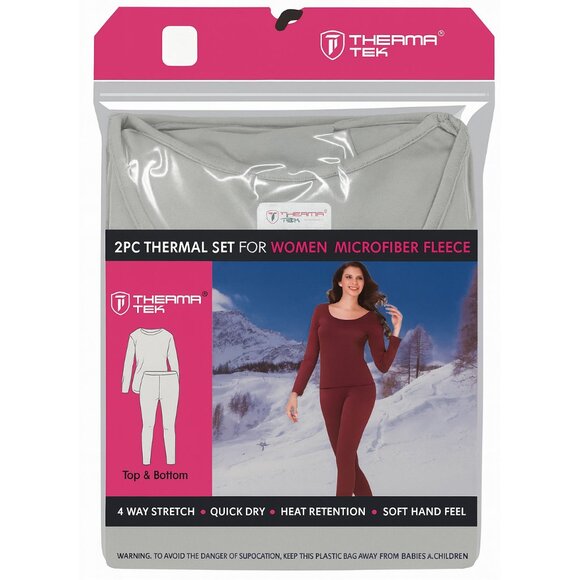 Women Microfiber Fleece Thermal Set Base Layer Top & Bottom, Winter Warm, Gray - Picture 1 of 3